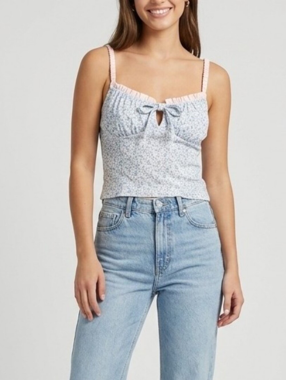 Sienna Sky Tank Top Cream Blue Floral Ruffle Top Smocked Back Boho Chic Trendy-L